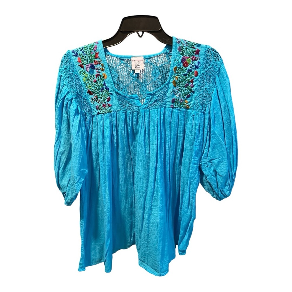 Artisan Turquoise Blouse with Floral Embroidery